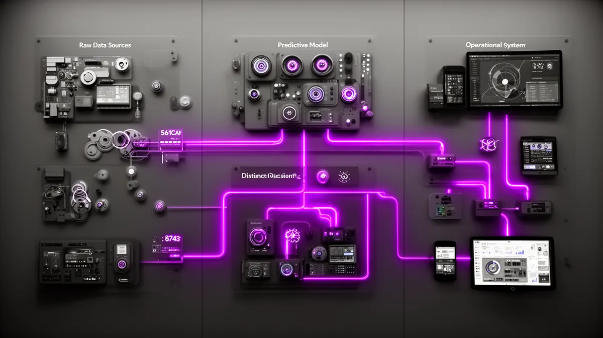 Data and predictive model flowing through a decision layer into operational systems, visualizing operationalized predictive analytics services