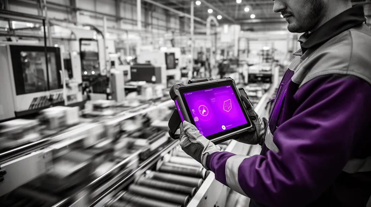 Operator reviewing an AI-flagged exception for manufacturing AI automation on a rugged tablet