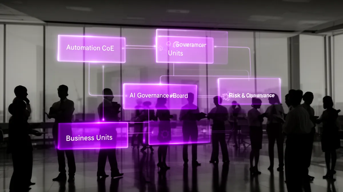 Conceptual organizational structure linking automation center of excellence, AI governance board, and business units