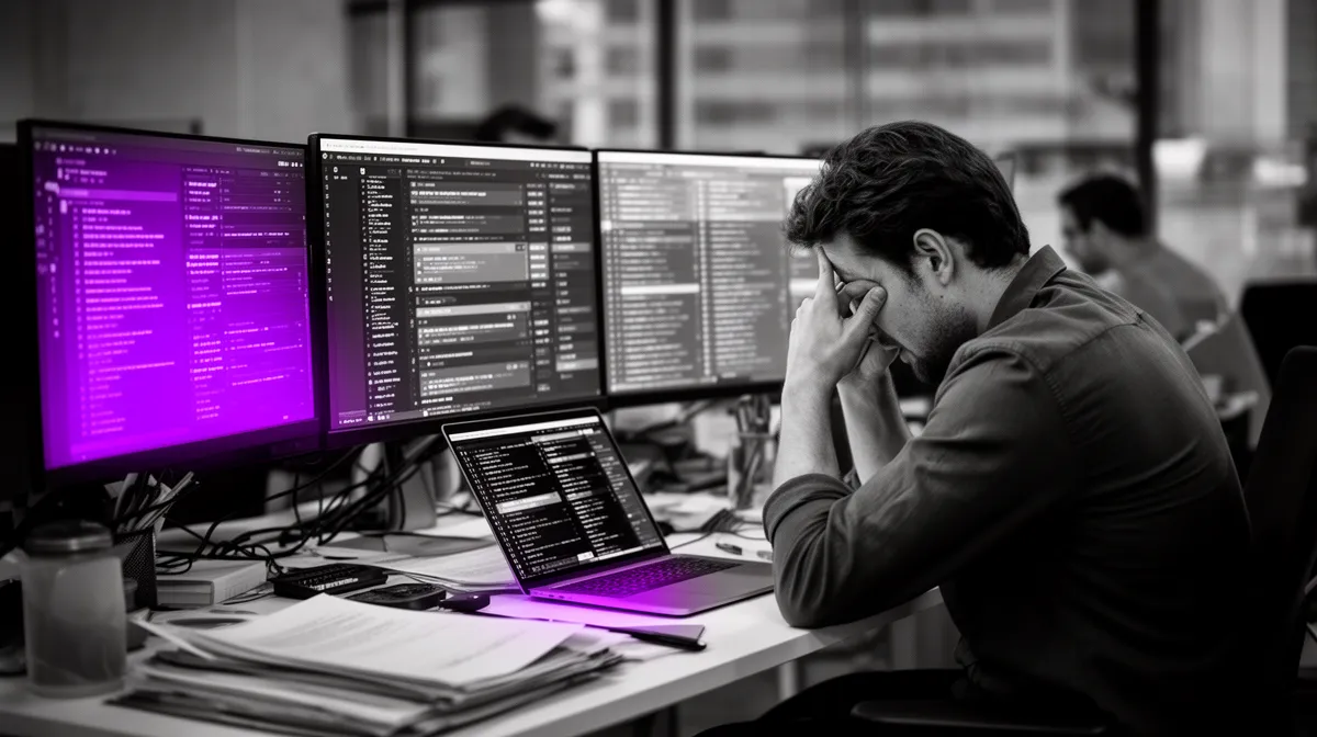 Overwhelmed employee dealing with fragmented enterprise document search across many tools