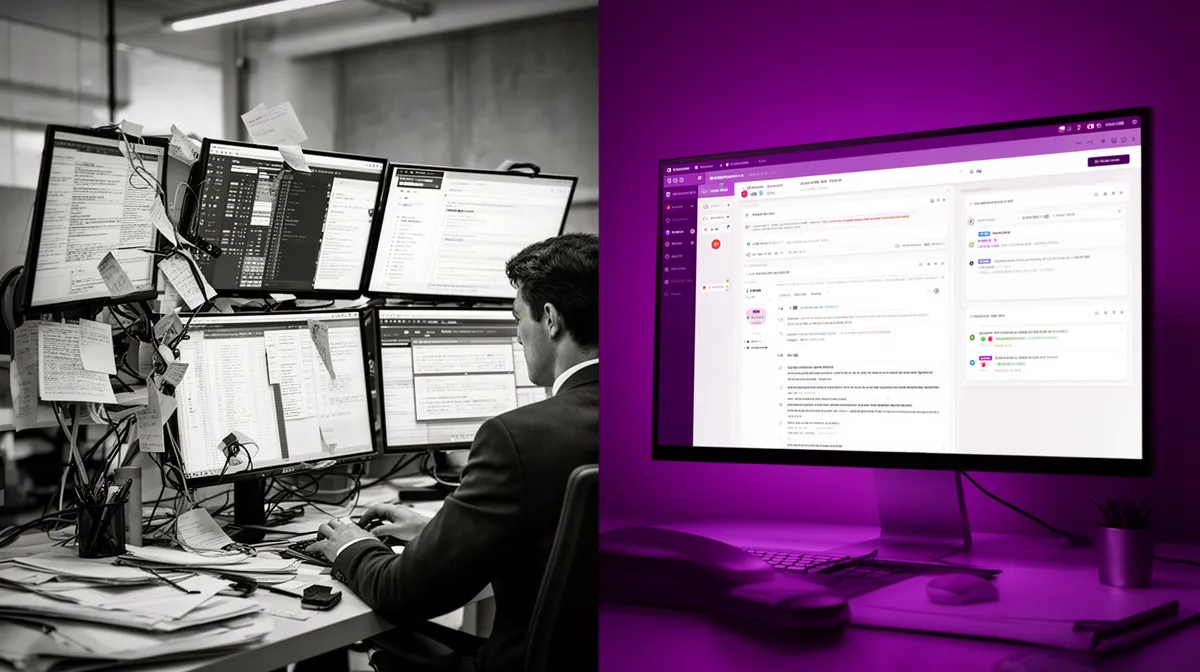 Frustrated legal reviewer juggling multiple tools versus a single integrated legal document review workspace