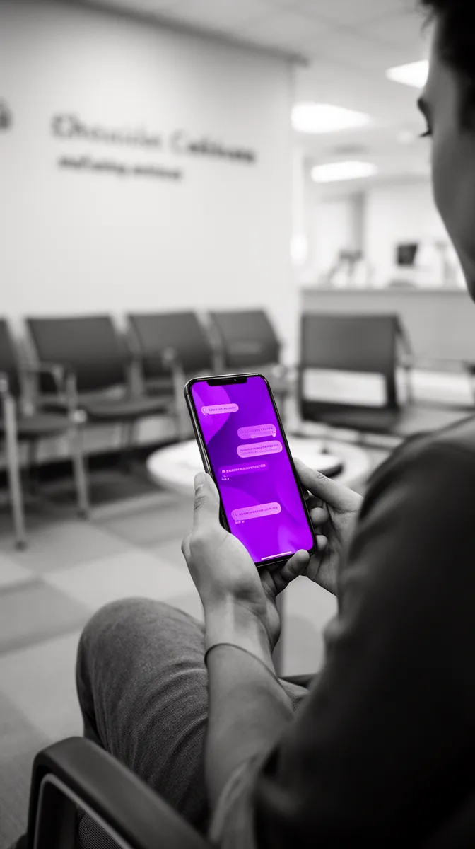 Patient using a healthcare chatbot on a smartphone in a clinic waiting room