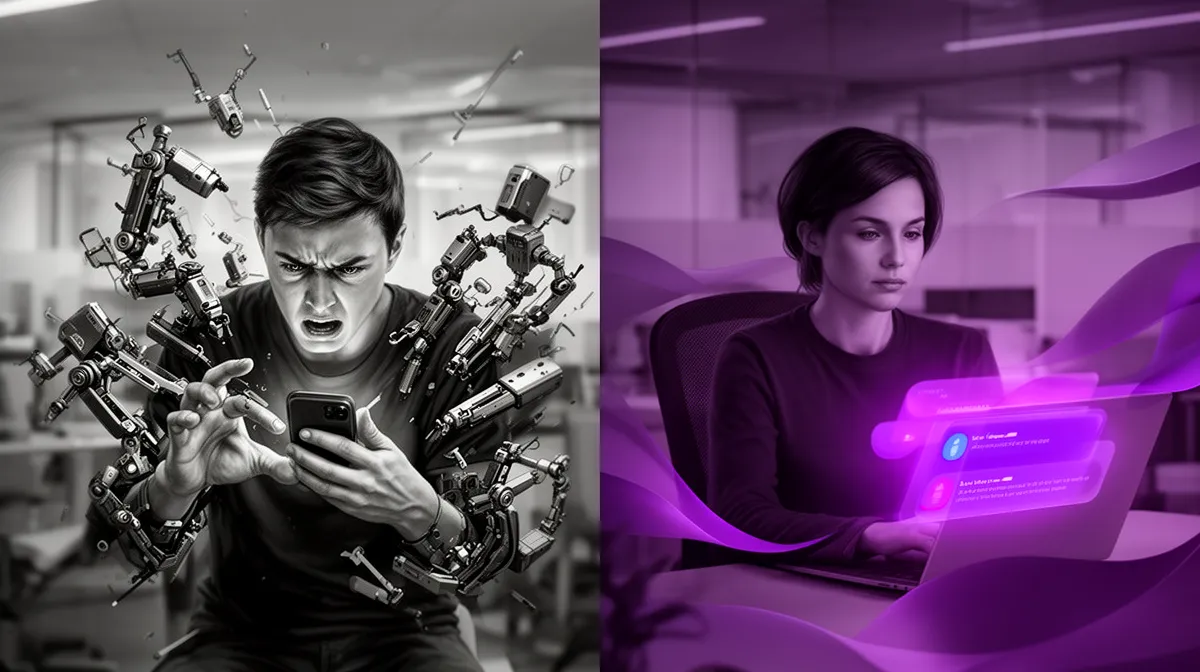 Frustrated caller with phone support voice bot contrasted with calm chatbot experience visualizing the phone support paradox