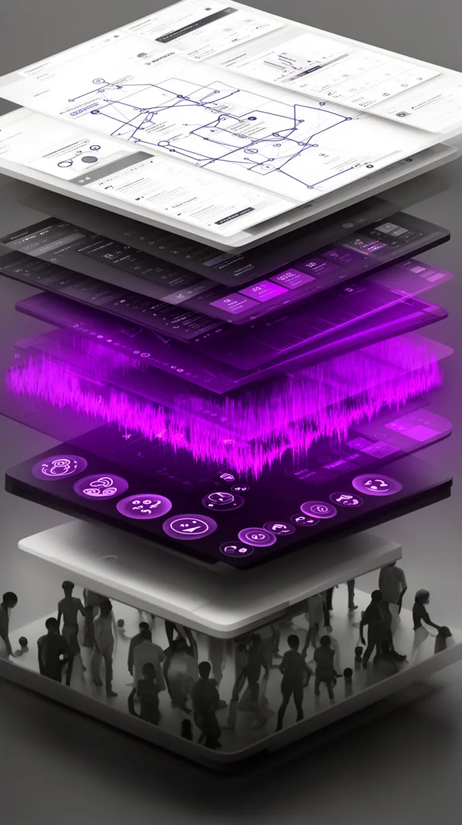 Layered framework stack representing phone support voice design from psychology to operations
