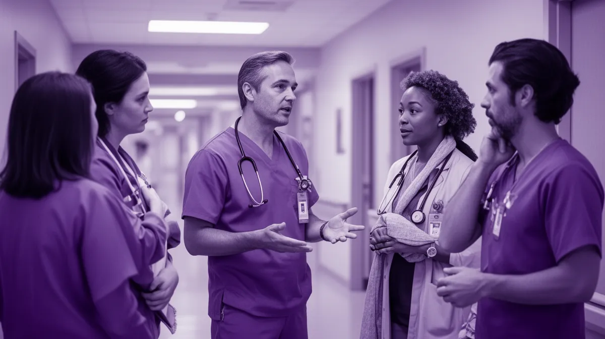 Physician champion briefing a care team during clinical AI development