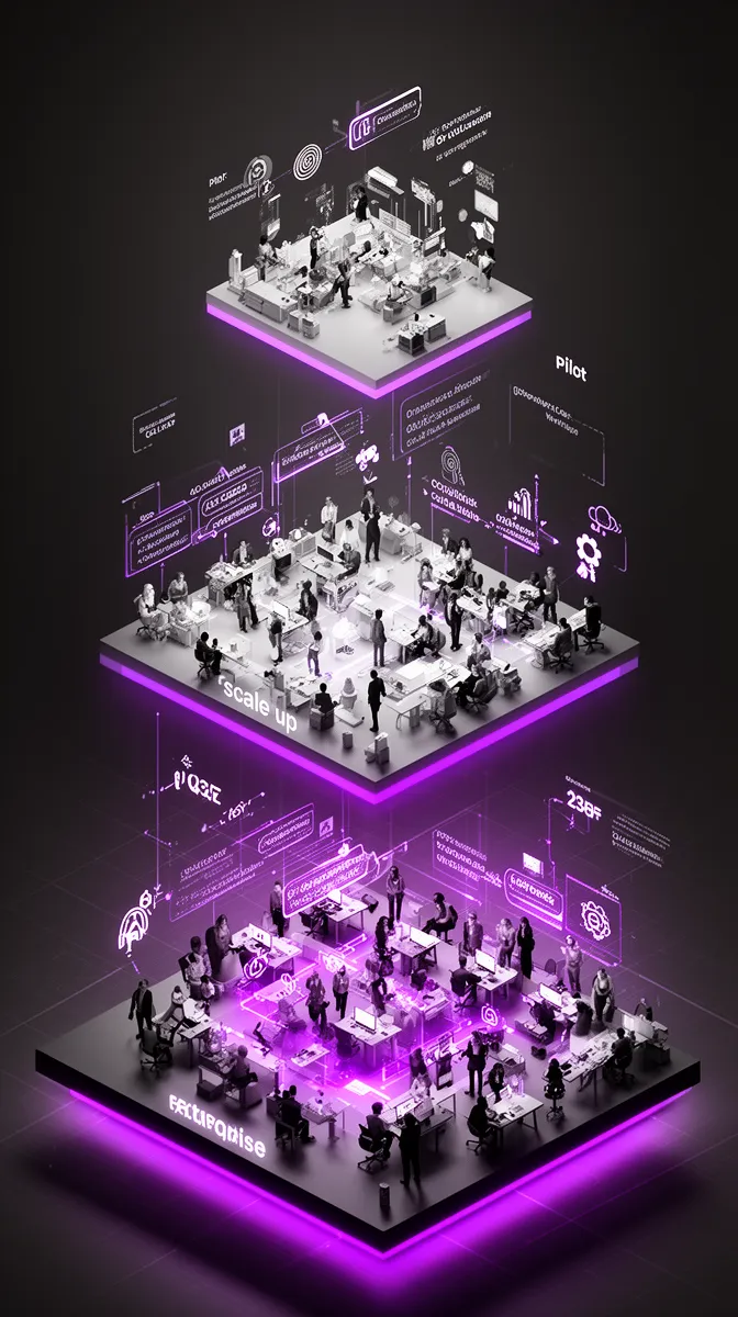 Visualization of pilot, scale-up, and enterprise AI rollout with increasing organizational cost