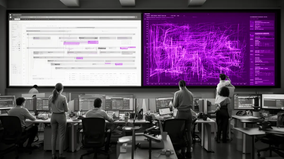 Planning team comparing deterministic AI supply chain plan to volatile real-world data