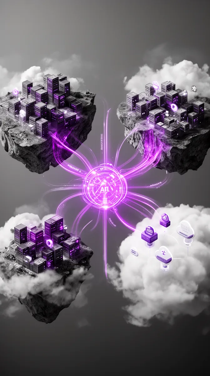 Visualization of ai workload portability showing data, training, and inference deployed across clouds behind unified APIs