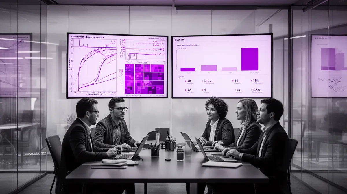 Team reviewing predictive analytics model accuracy charts while business KPIs stay flat, illustrating predictive analytics development accuracy–impact gap