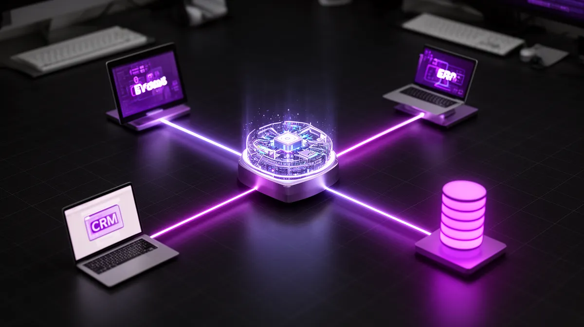 Central model serving hub connected via data streams to CRM, ERP, support, and data warehouse systems, representing integration patterns for predictive analytics services