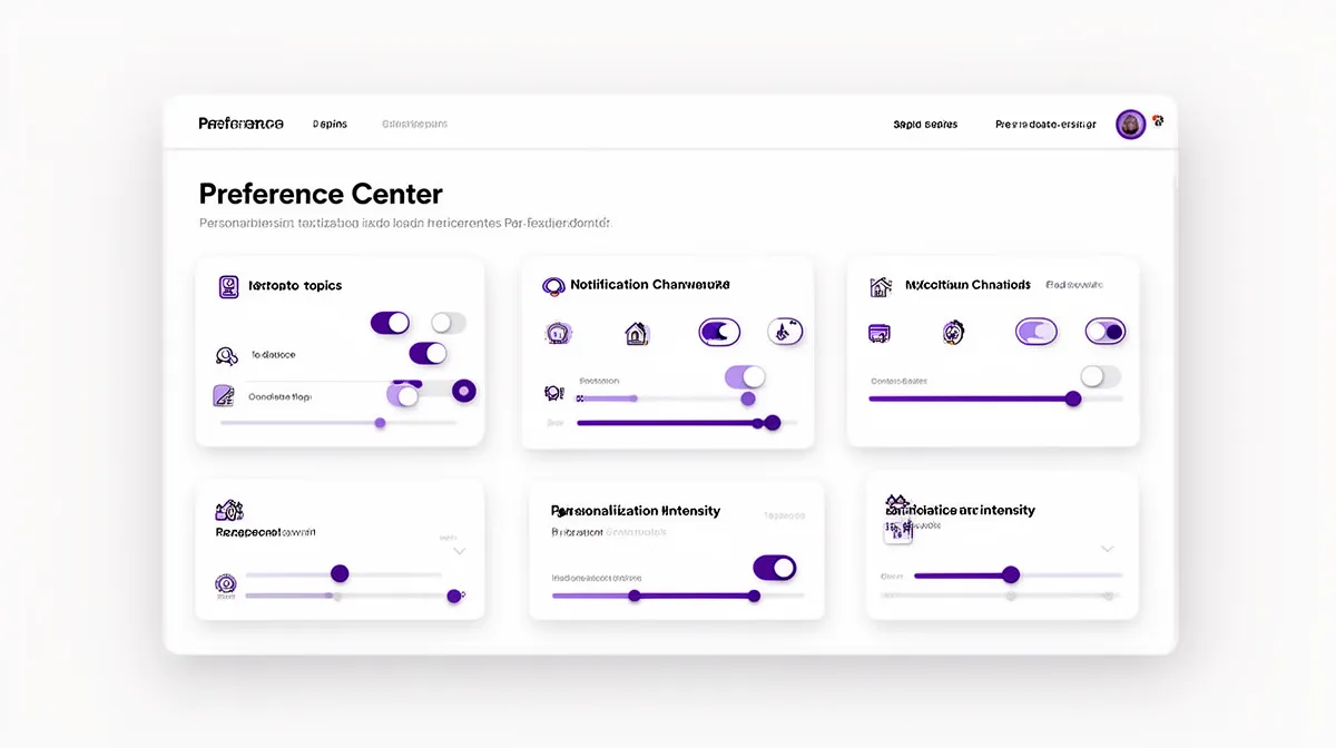 Mock preference center interface with personalization controls and sliders