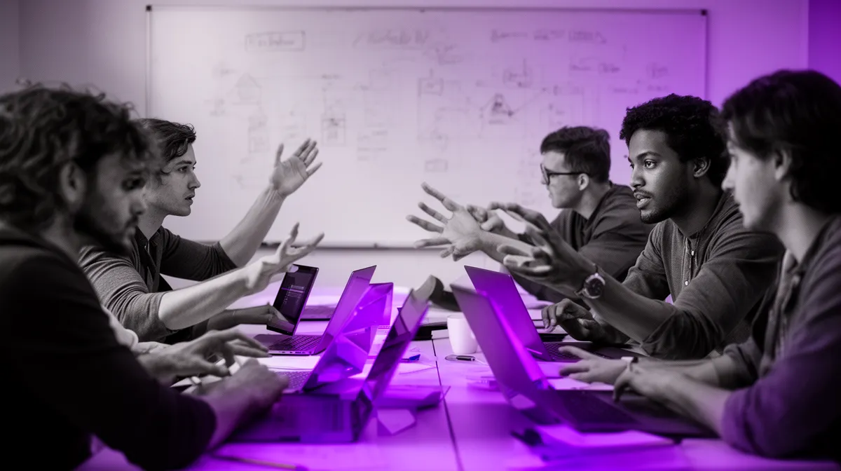 Software team planning a production GPT API architecture in a meeting room