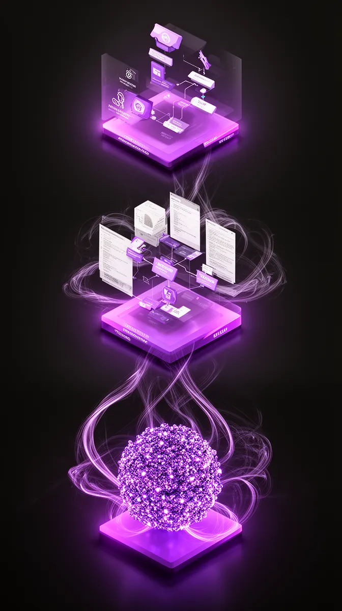 Three connected blocks representing prompts, RAG, and fine-tuned models working together in a business automation workflow