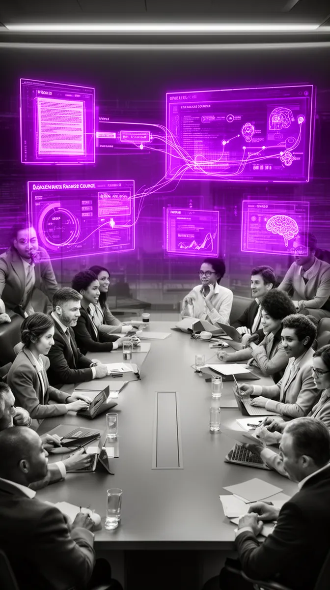 Cross-functional RAG governance council reviewing dashboards for content governance and AI operating model