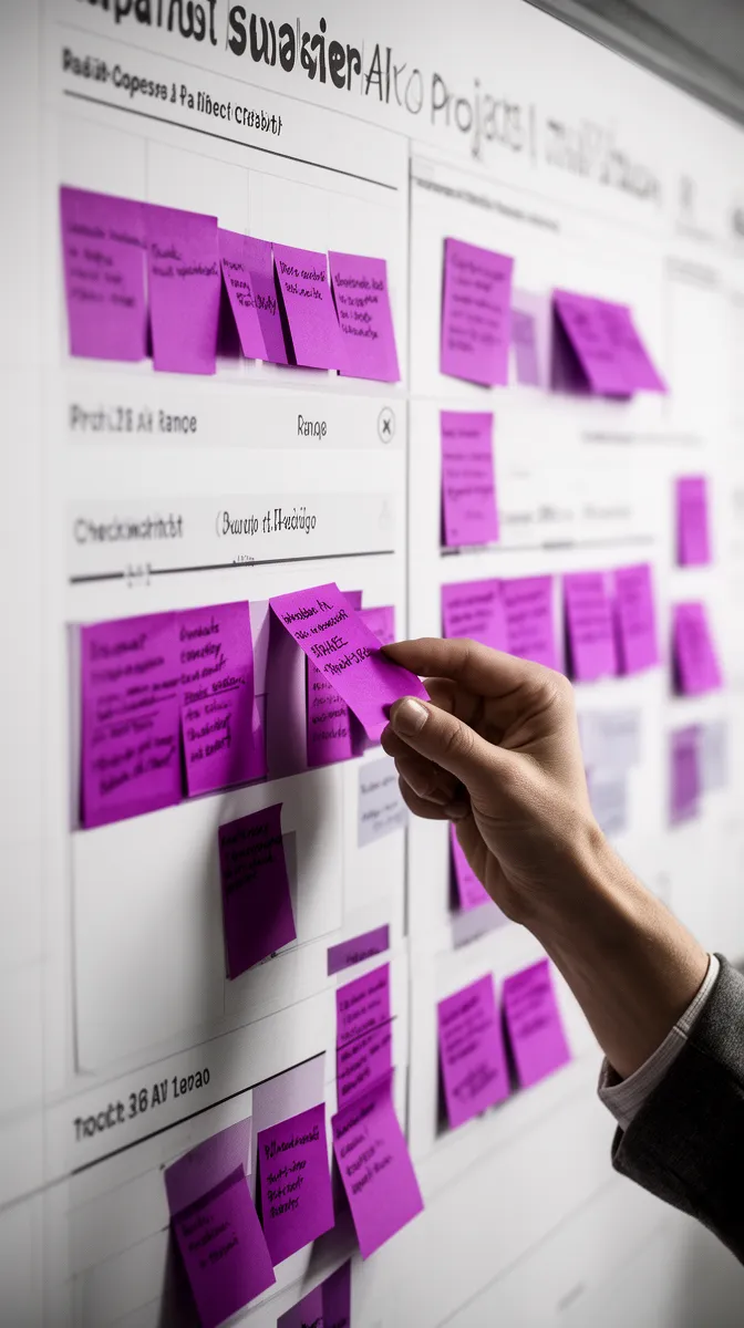 Whiteboard with sticky notes visualizing range-based AI project cost estimate and checkpoints