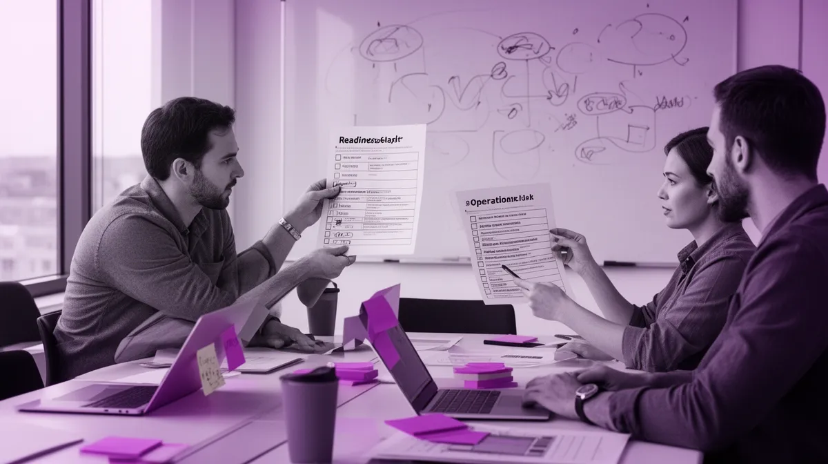 Cross-functional team reviewing readiness checklist for AI implementation services