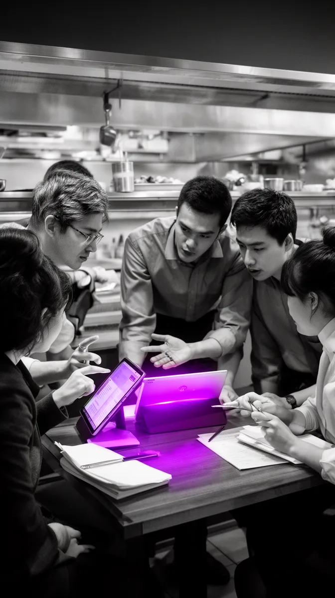Restaurant staff collaborating on system-integrated chatbot rollout and POS integration