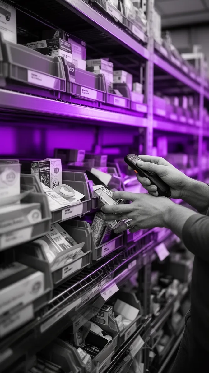 Retail backroom picking scene representing SKU segmentation and operational differences across products