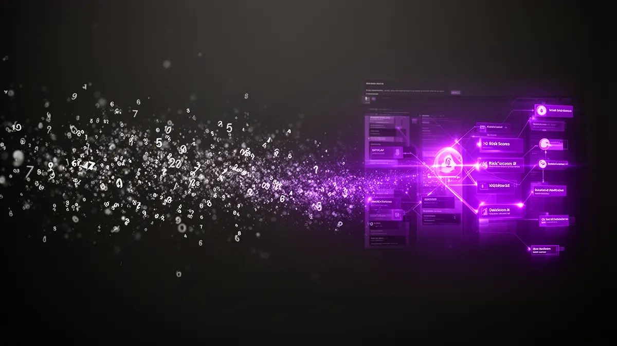 Abstract visualization of risk prediction services evolving from raw scores to guided decisions in workflows