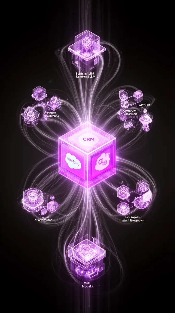 Salesforce Einstein at the center with complementary external AI services orbiting and integrating via data flows