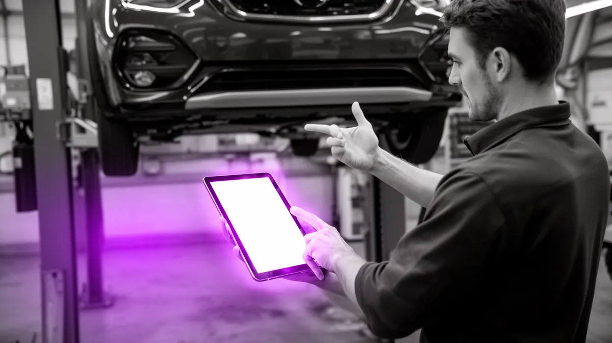 Technician using a tablet near a lift for scan tool compatible AI diagnostics guidance