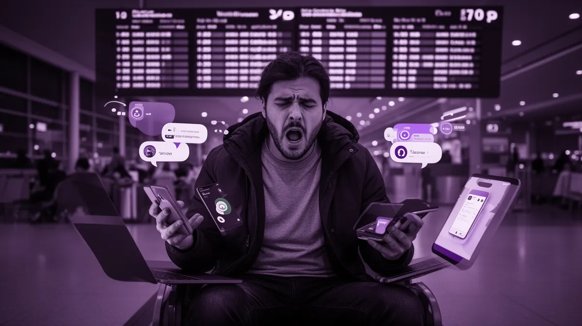 Stranded traveler using multiple devices during a disruption, illustrating failure of basic travel chatbots with complex itineraries