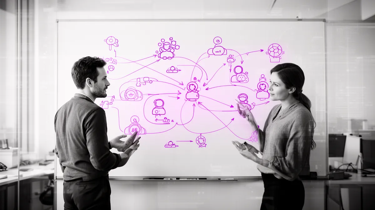 Support leaders planning hybrid chatbot development routing paths on a whiteboard