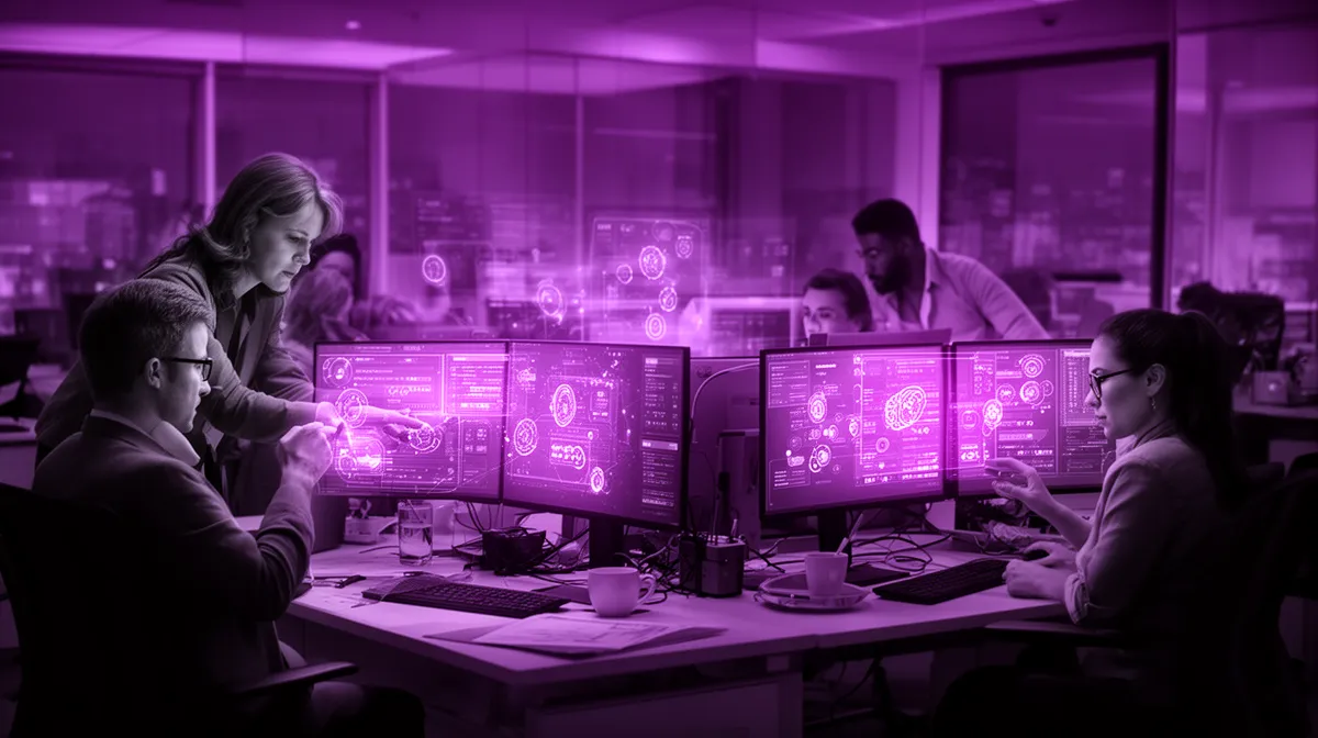 Support team collaborating with AI-assisted tools as part of B2B workflow automation with custom AI models