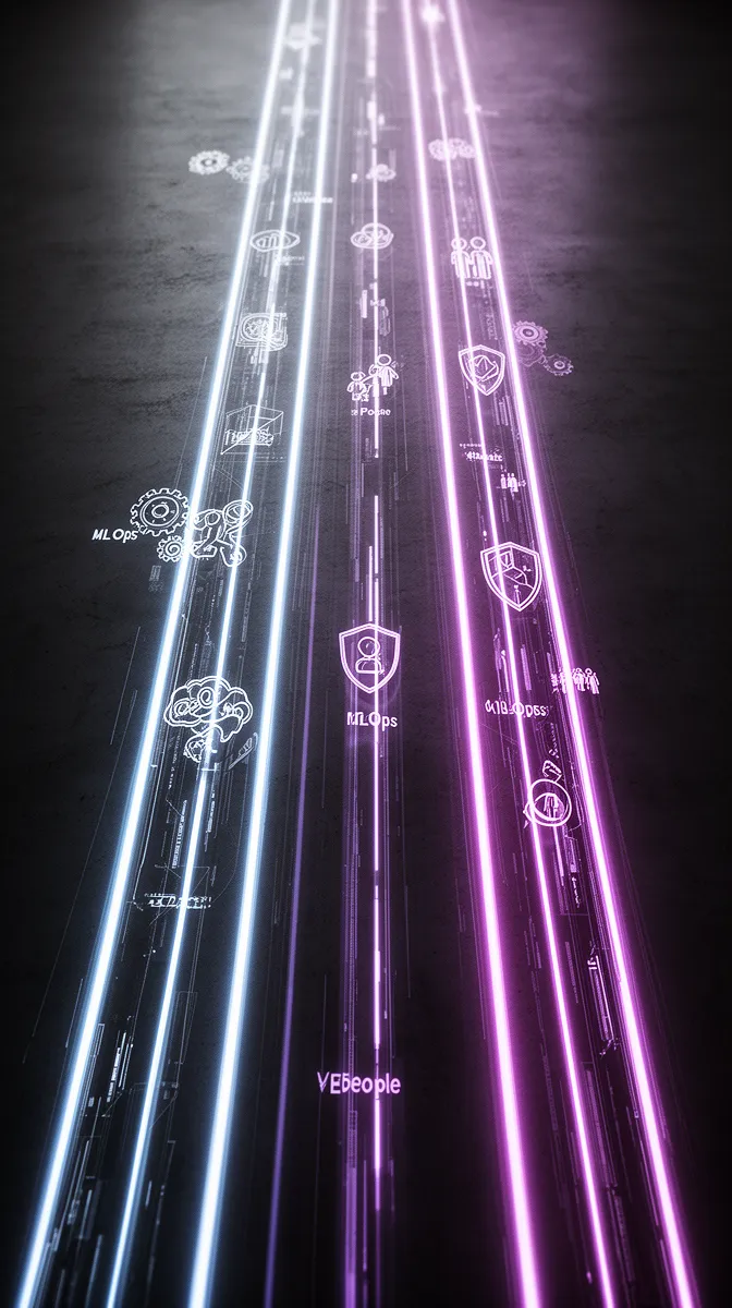 Visual blueprint of four parallel lanes for sustainable AI transformation technology MLOps governance and people