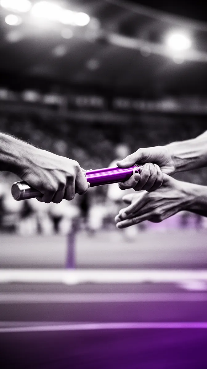 Relay baton handoff representing precise task handoff and agent communication protocols