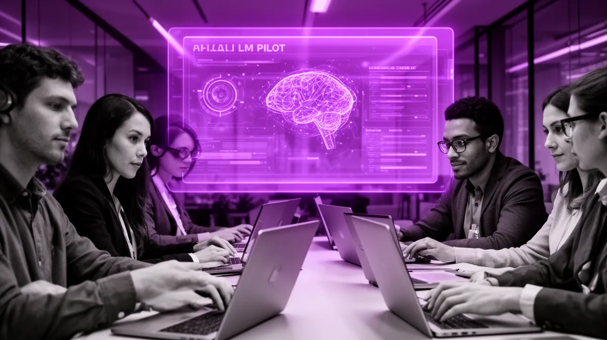 Team collaborating on a secure, narrow LLM pilot in an enterprise office