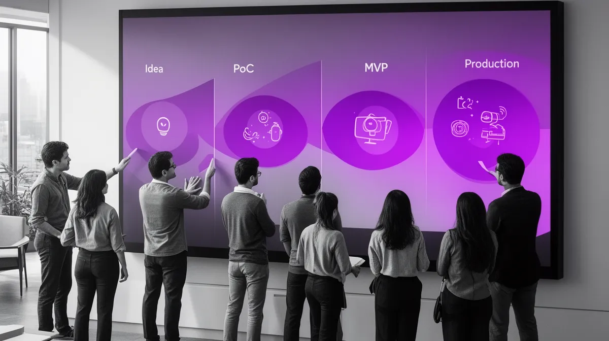 Team planning phased journey from idea to AI PoC MVP and production deployment