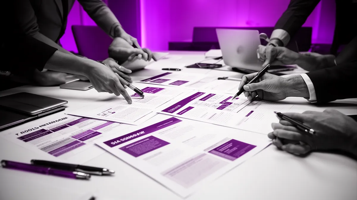 Team reviewing drafts to evaluate brand voice consistency and content quality control