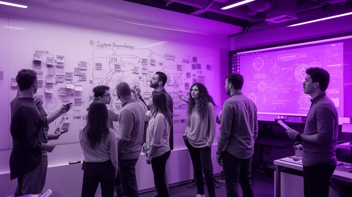 Cross-functional team mapping workflows and KPIs for custom AI model development