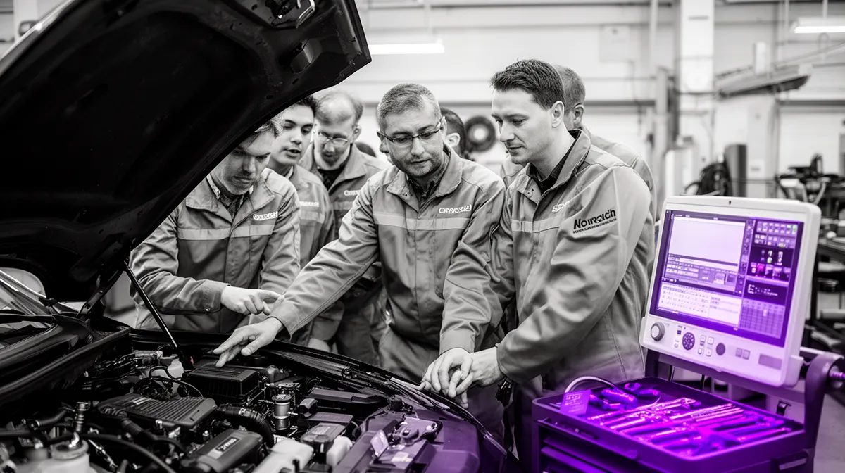 Technician training huddle for adopting AI for automotive diagnostics in workshops
