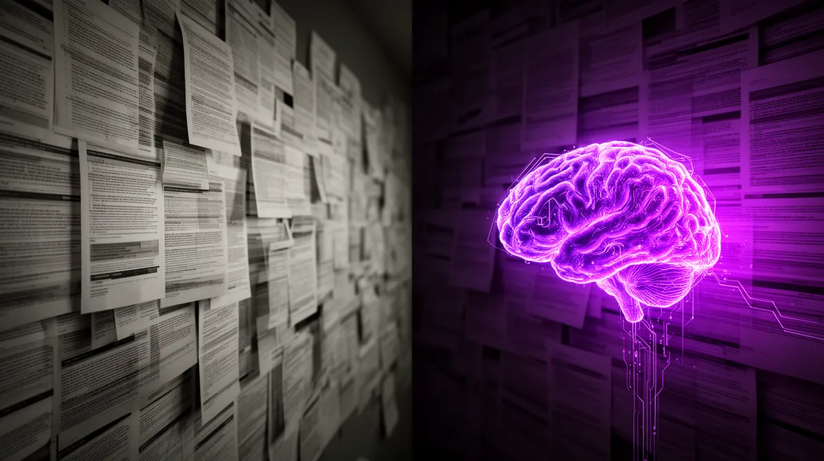 Illustration comparing throughput AI to exception-focused AI for due diligence, with a small set of high-risk documents highlighted
