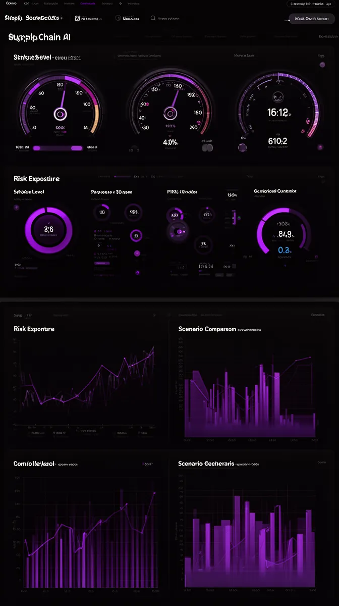 Dashboard of uncertainty-aware supply chain AI metrics including service levels and risk exposure