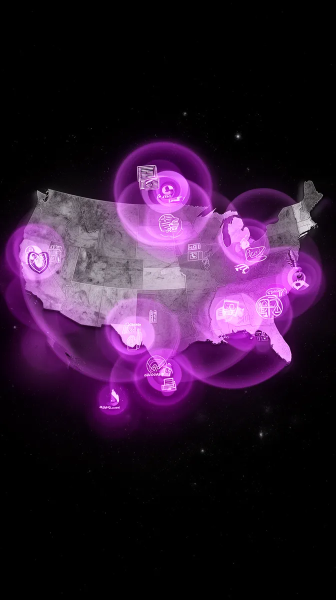 US regulatory landscape visualized with overlapping federal and state AI and privacy compliance zones
