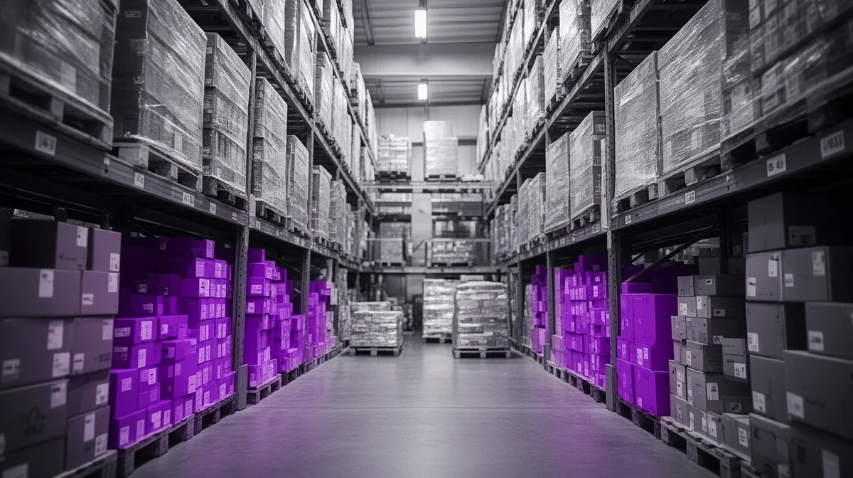 Warehouse aisle showing mixed SKUs to illustrate carrying cost and stockout cost trade-offs in AI for inventory optimization