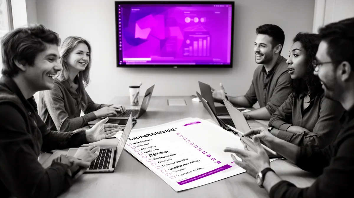 Cross-functional team planning AI chatbot integration with WhatsApp Business launch checklist