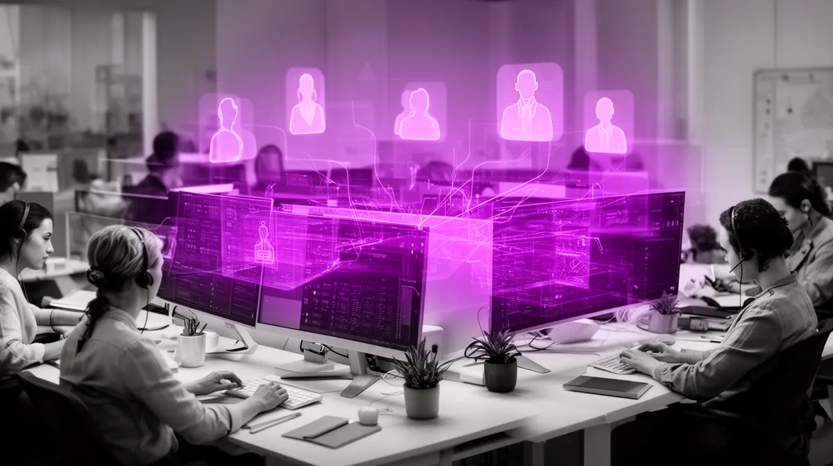 Zendesk AI integration visual showing support agents and customers connected through a shared AI-powered workspace