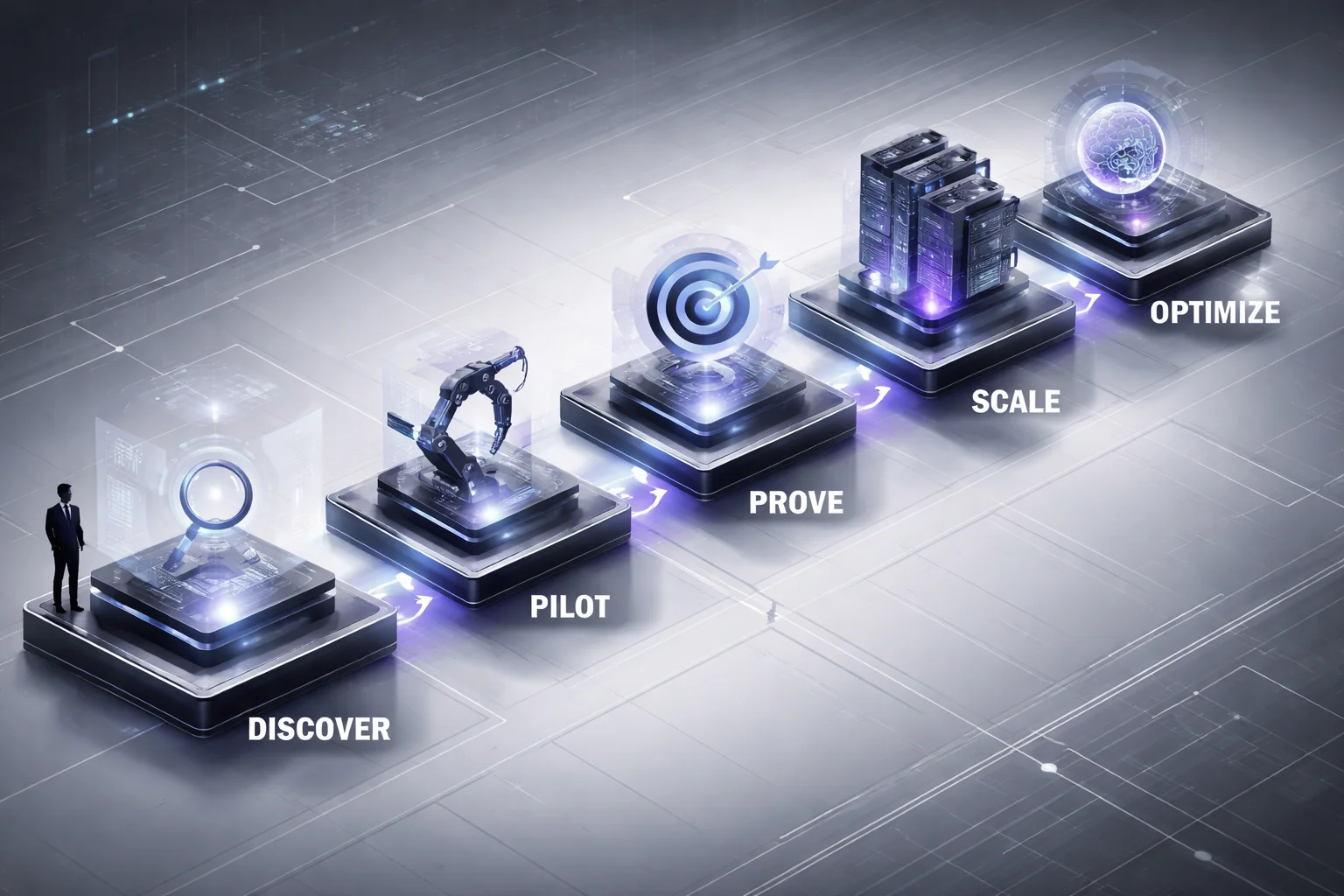 Five-stage AI transformation framework diagram
