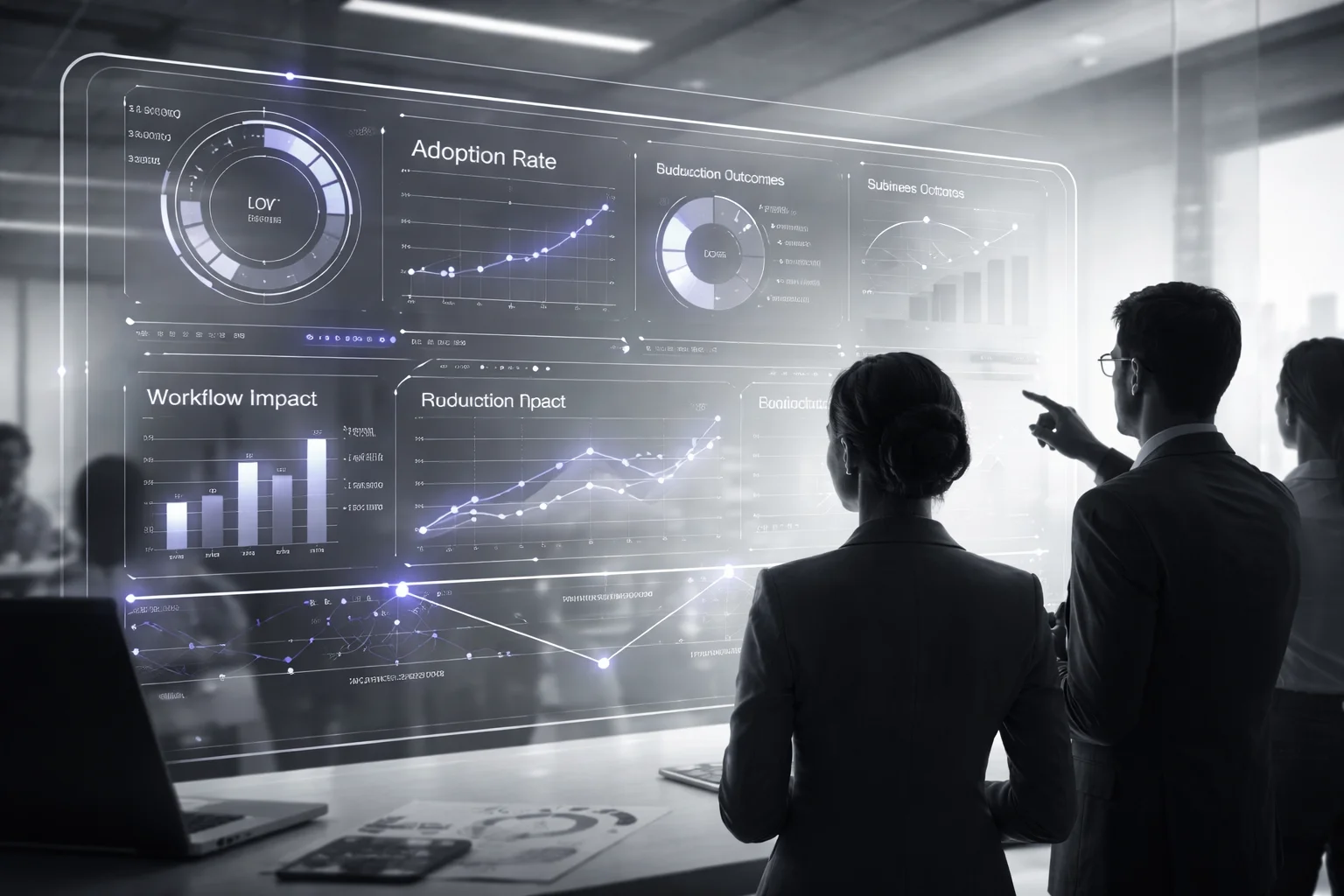 Enterprise AI implementation metrics dashboard showing adoption and value