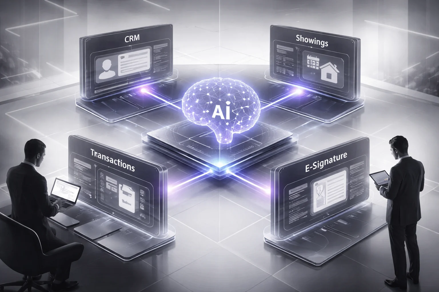 Real estate workflow map with AI connected to CRM, showings, and transactions